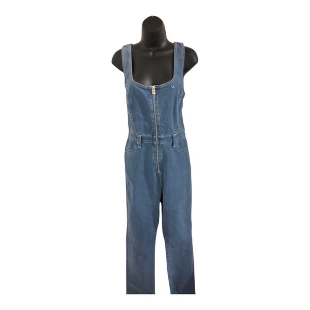 True Religion medium wash‎ zip front stretch denim jeans jumpsuit size large new